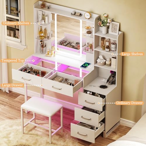 White 43" Vanity Desk with Mirror and LED Lights, Glass Top, Wireless Charging, RGB Drawers, 3 Colors Light, Power Outlet E5354
