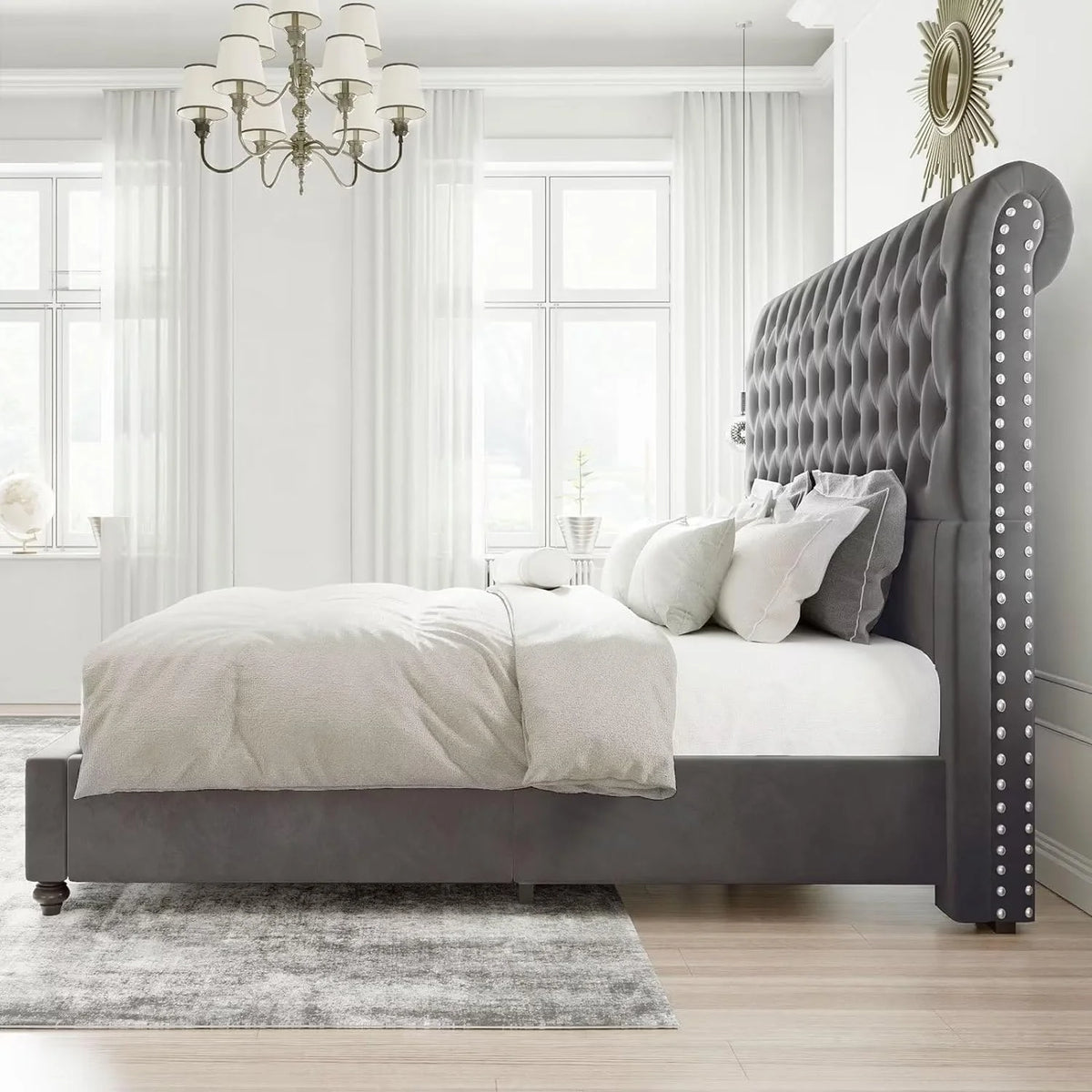 Queen Velvet Tufted Sleigh Bed Frame K1895