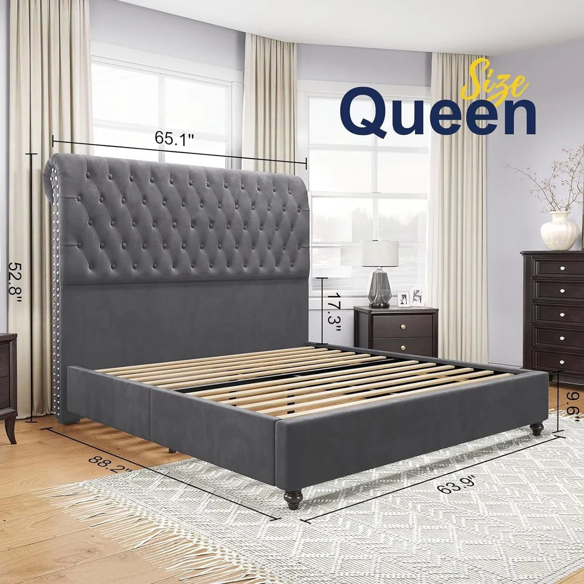 Queen Velvet Tufted Sleigh Bed Frame K1895