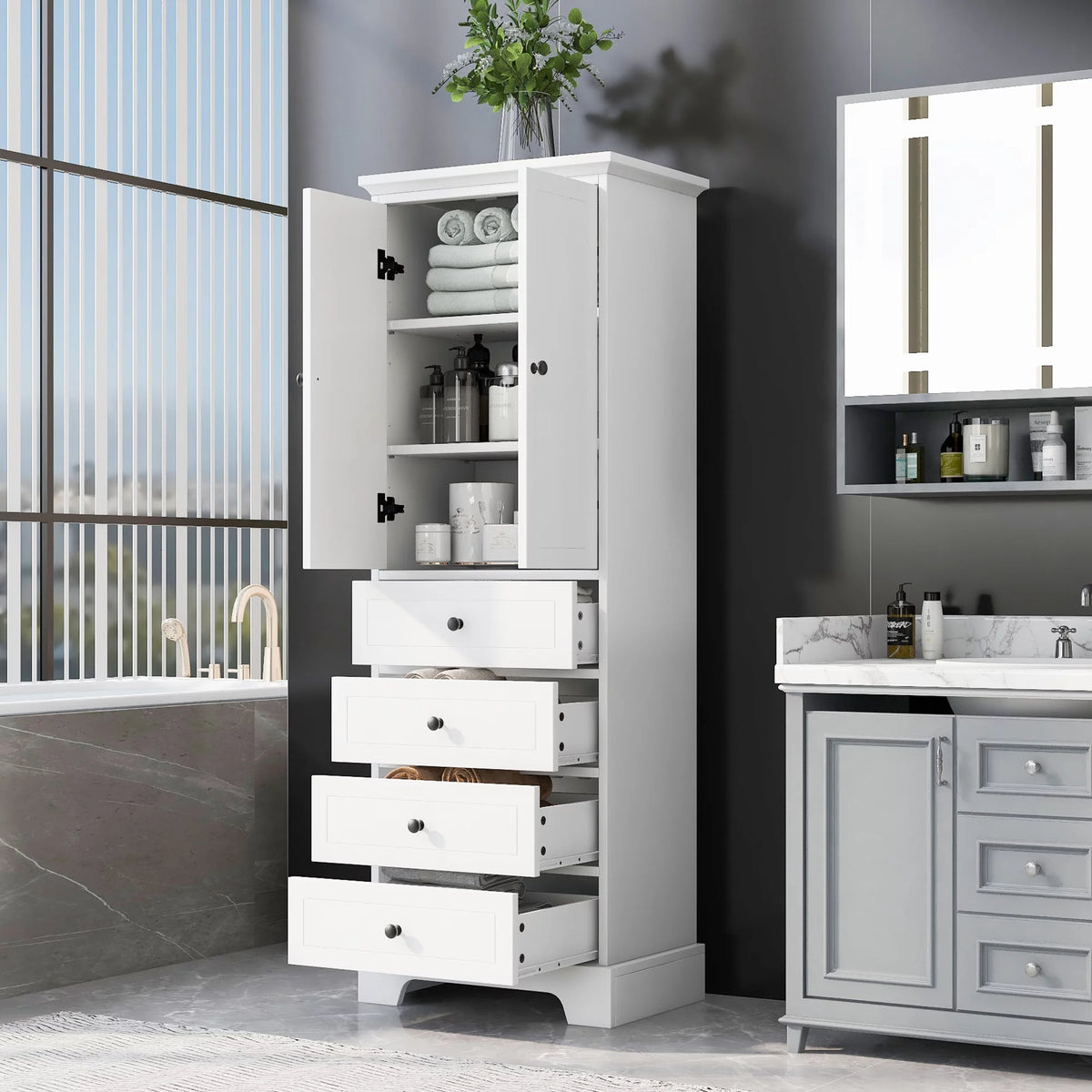 Tall Wood Bathroom Storage Cabinet with 2 Doors and 4 Drawers H316617