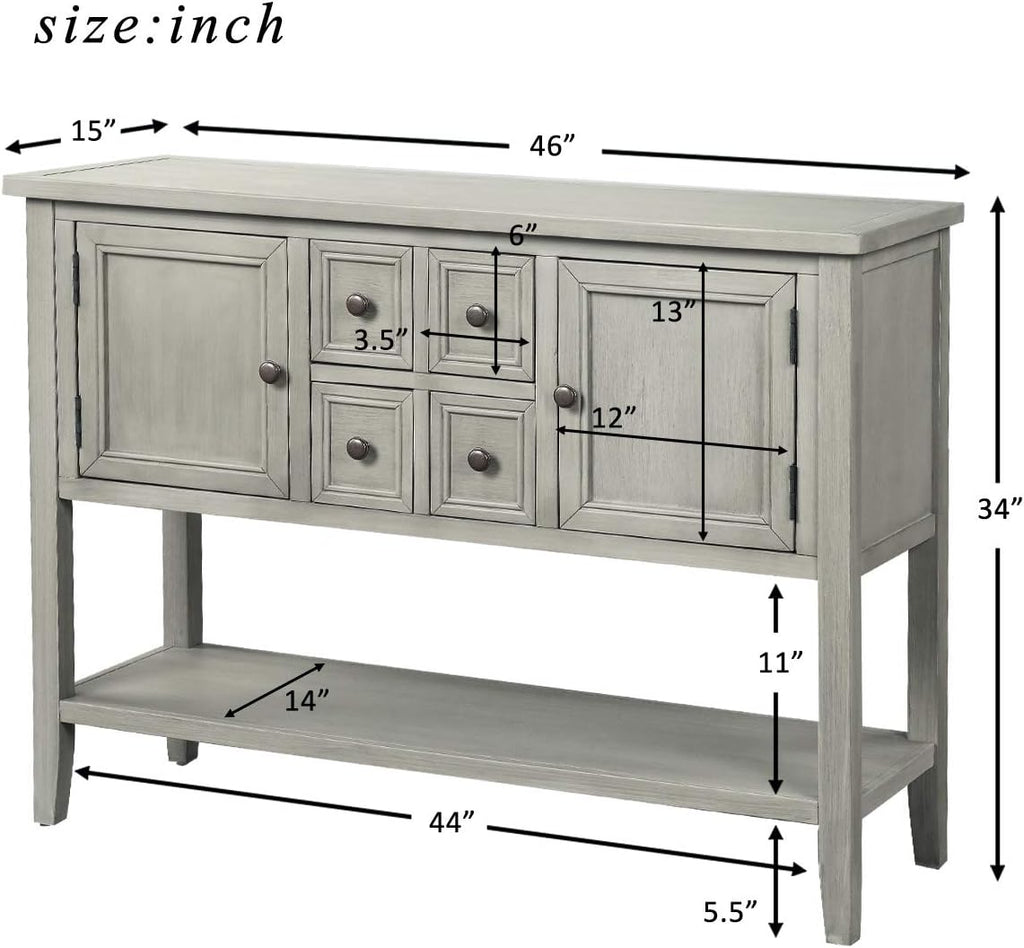 Antique Gray Solid Wood Console Table with 4 Drawers and Bottom Shelf V882074