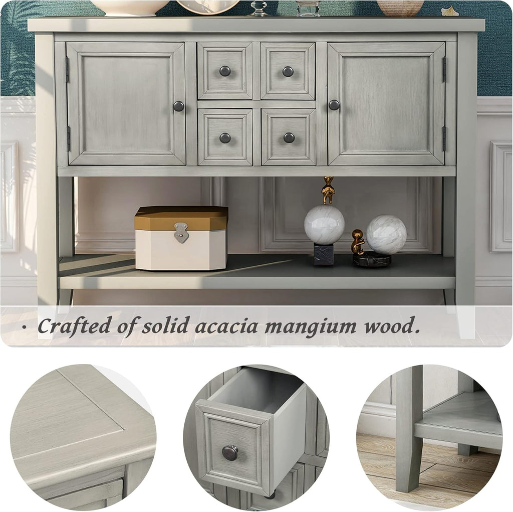 Antique Gray Solid Wood Console Table with 4 Drawers and Bottom Shelf V882074