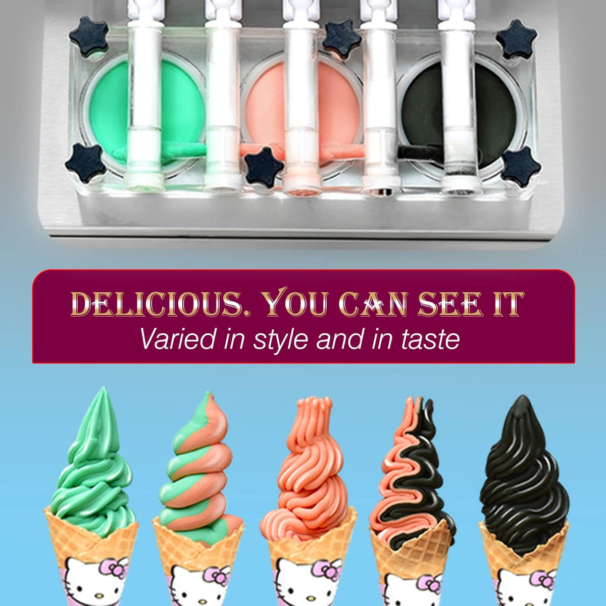 3+2 mixed Flavors Soft Serve Ice Cream Maker, 5 Flavors Ice Cream Machine with Full Transparent Discharge Door & 5 Different Shapes of Mold & Upper Tank Refrigerated B57061