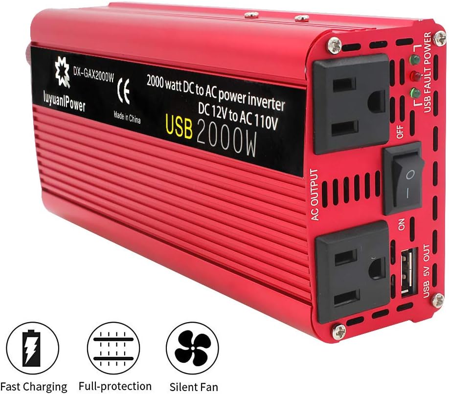Power Inverter 1200W/2000W Peak DC to AC 12V to 110V with 3.1A USB Battery Clips Pack of 2 D275