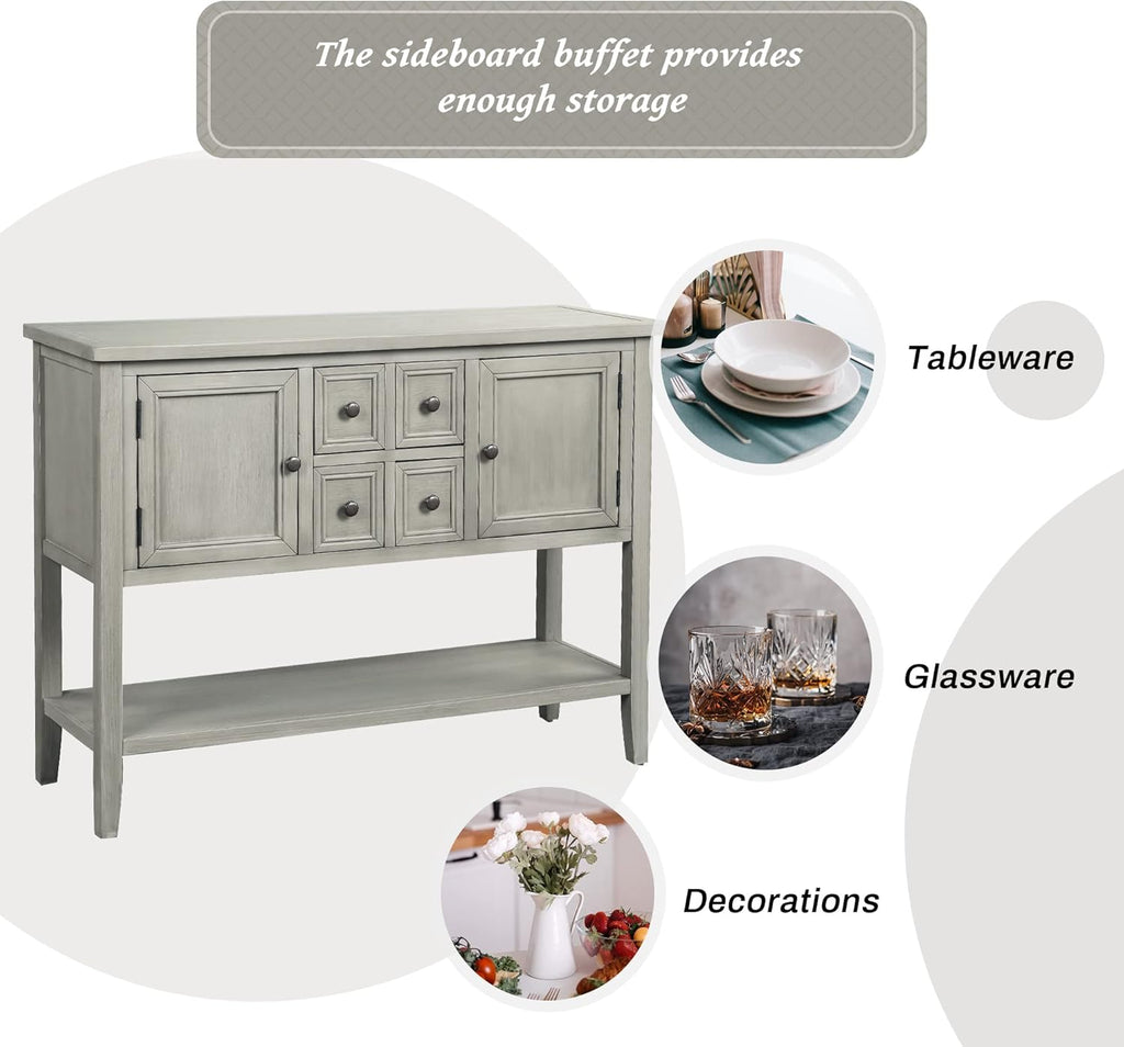 Antique Gray Solid Wood Console Table with 4 Drawers and Bottom Shelf V882074