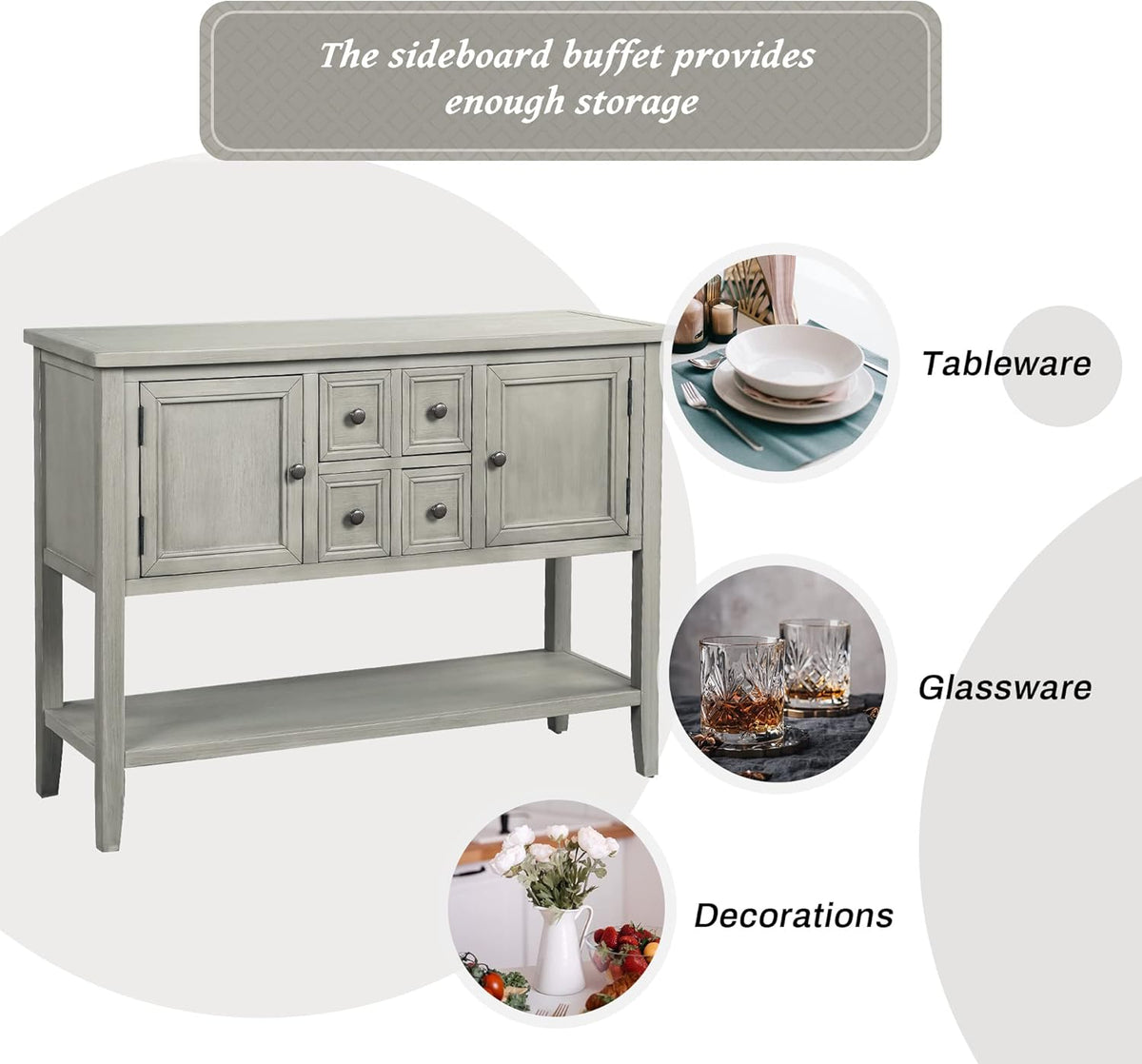 Antique Gray Solid Wood Console Table with 4 Drawers and Bottom Shelf V882074