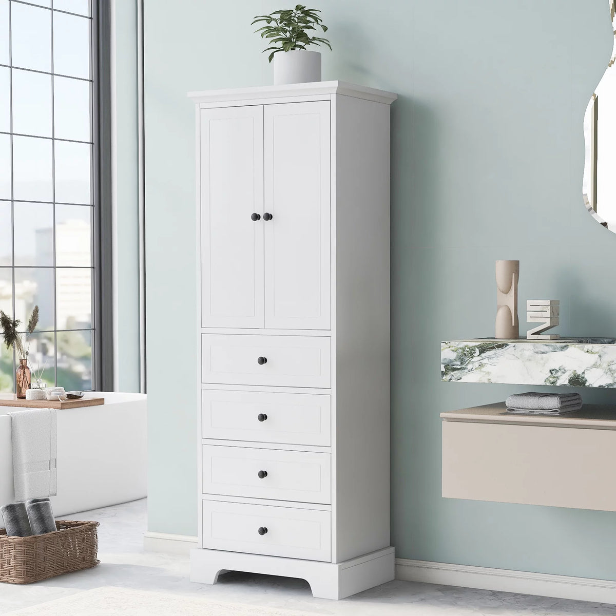 Tall Wood Bathroom Storage Cabinet with 2 Doors and 4 Drawers H316617