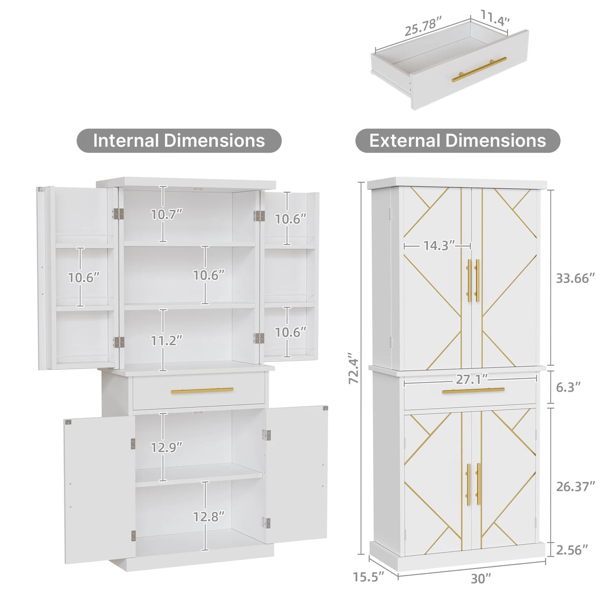White 4 Door Freestanding Kitchen Pantry Storage Cabinet with Drawer and Adjustable Shelf F48403