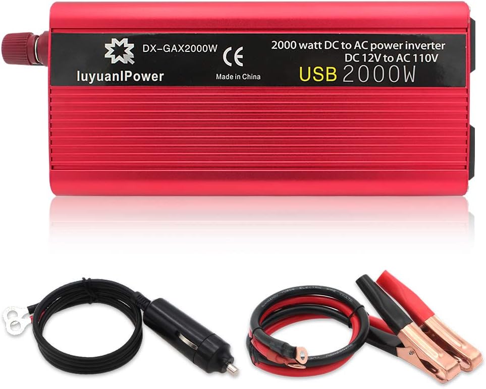 Power Inverter 1200W/2000W Peak DC to AC 12V to 110V with 3.1A USB Battery Clips Pack of 2 D275