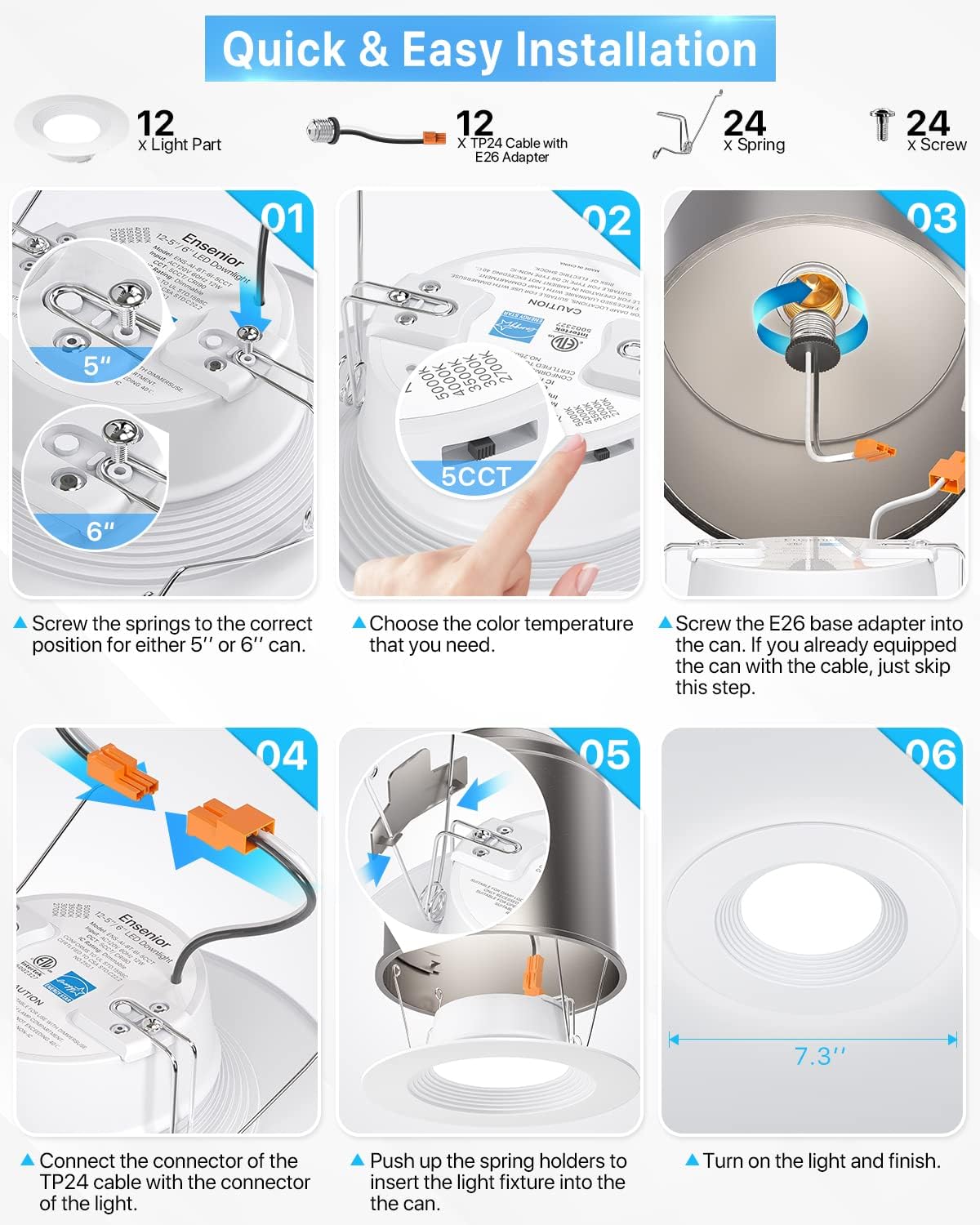 12 Pack 5/6 Inch LED Recessed Lighting, Dimmable Downlight K795
