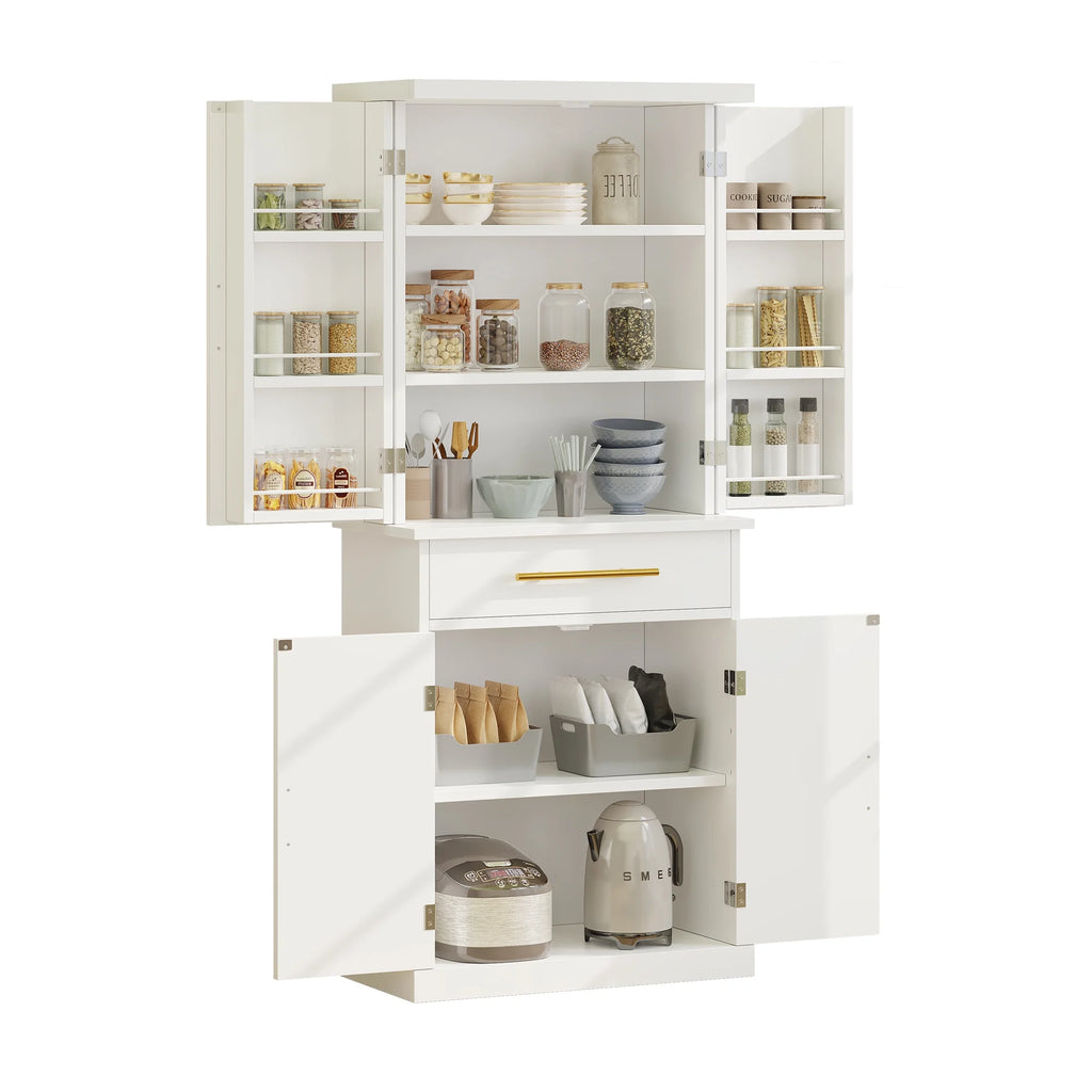 White 4 Door Freestanding Kitchen Pantry Storage Cabinet with Drawer and Adjustable Shelf F48403