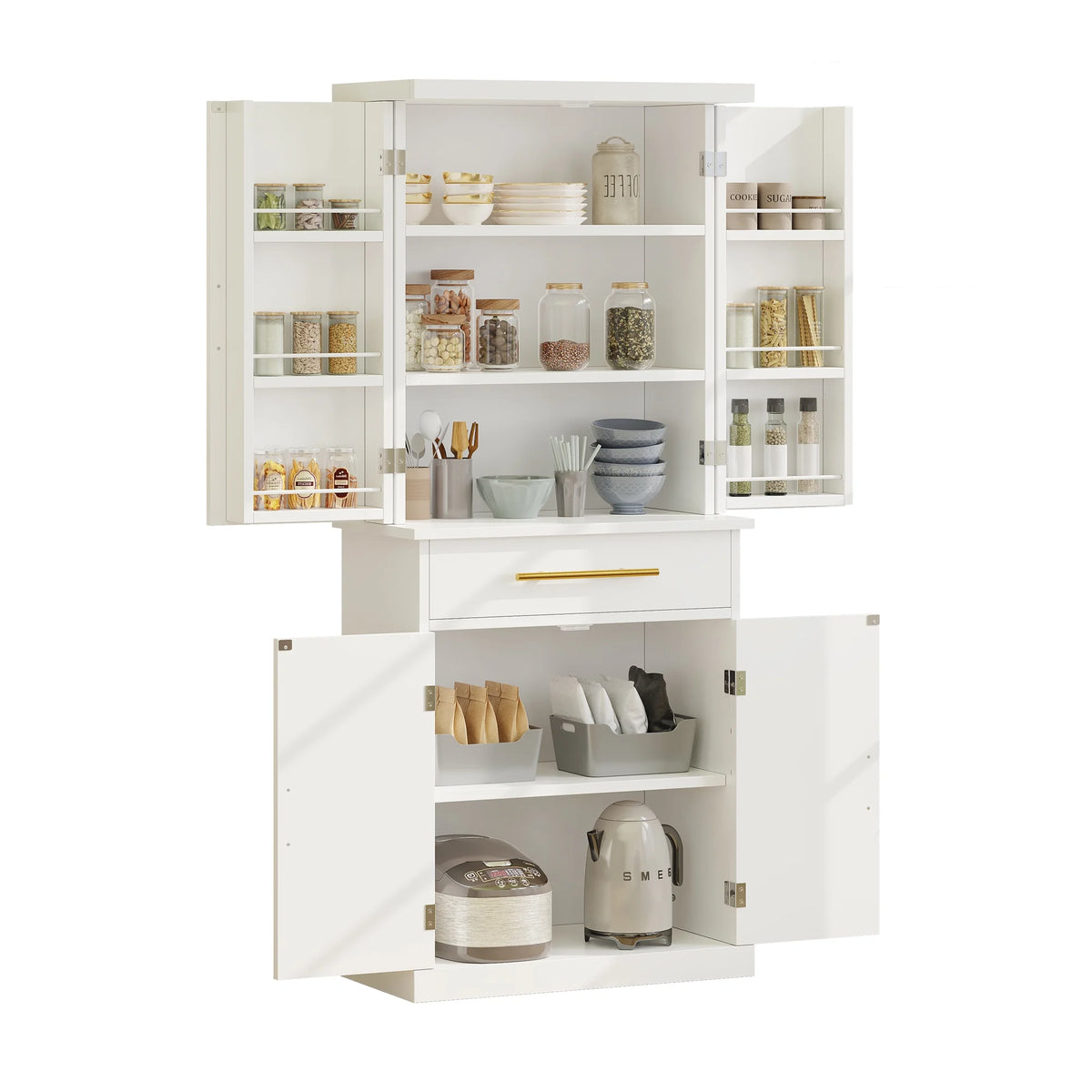 White 4 Door Freestanding Kitchen Pantry Storage Cabinet with Drawer and Adjustable Shelf F48403