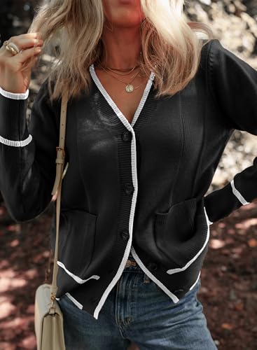 Short Cardigans Color Blocked Button Down Sweaters with Pockets O701907