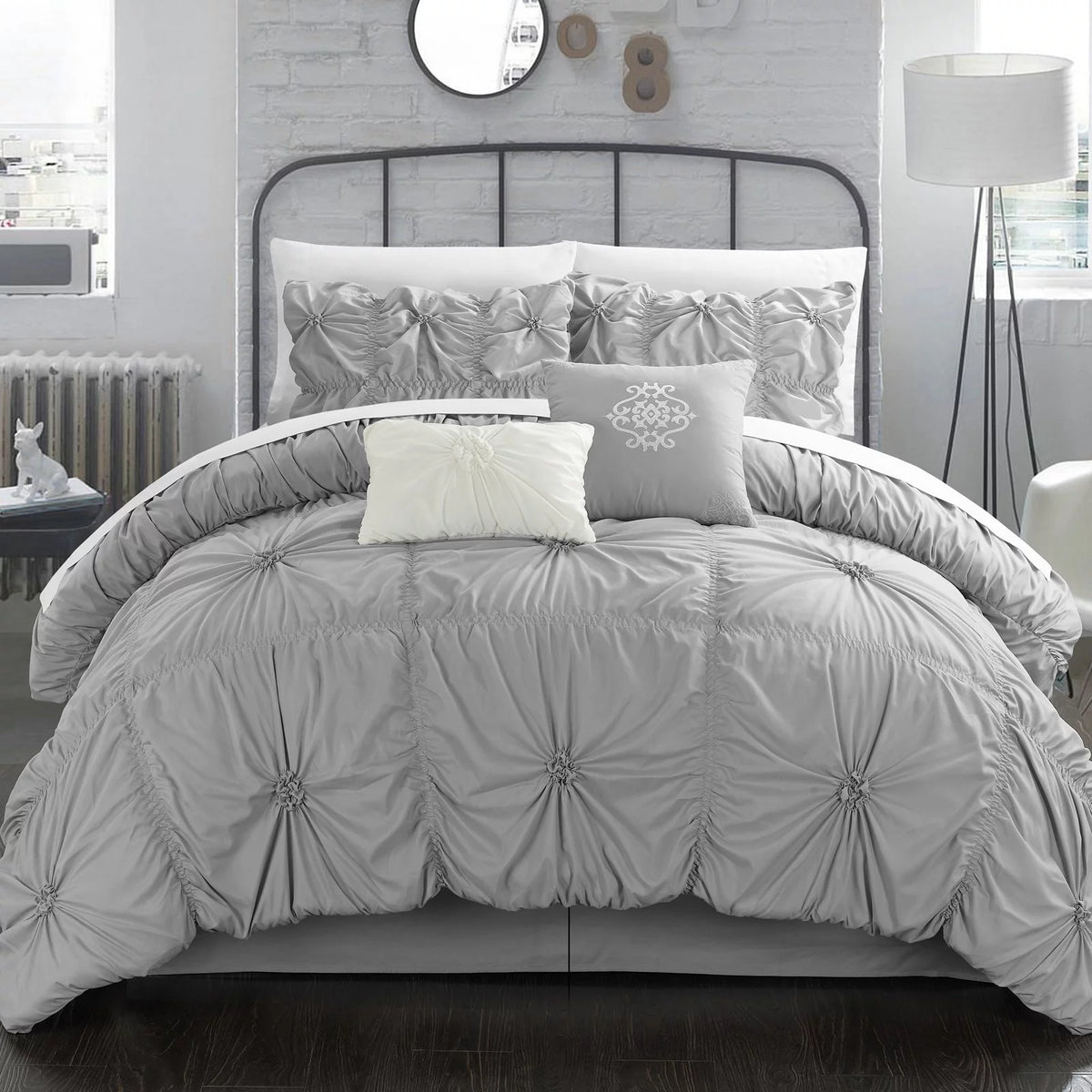 10-Piece Ruffled Comforter Set King Silver M360