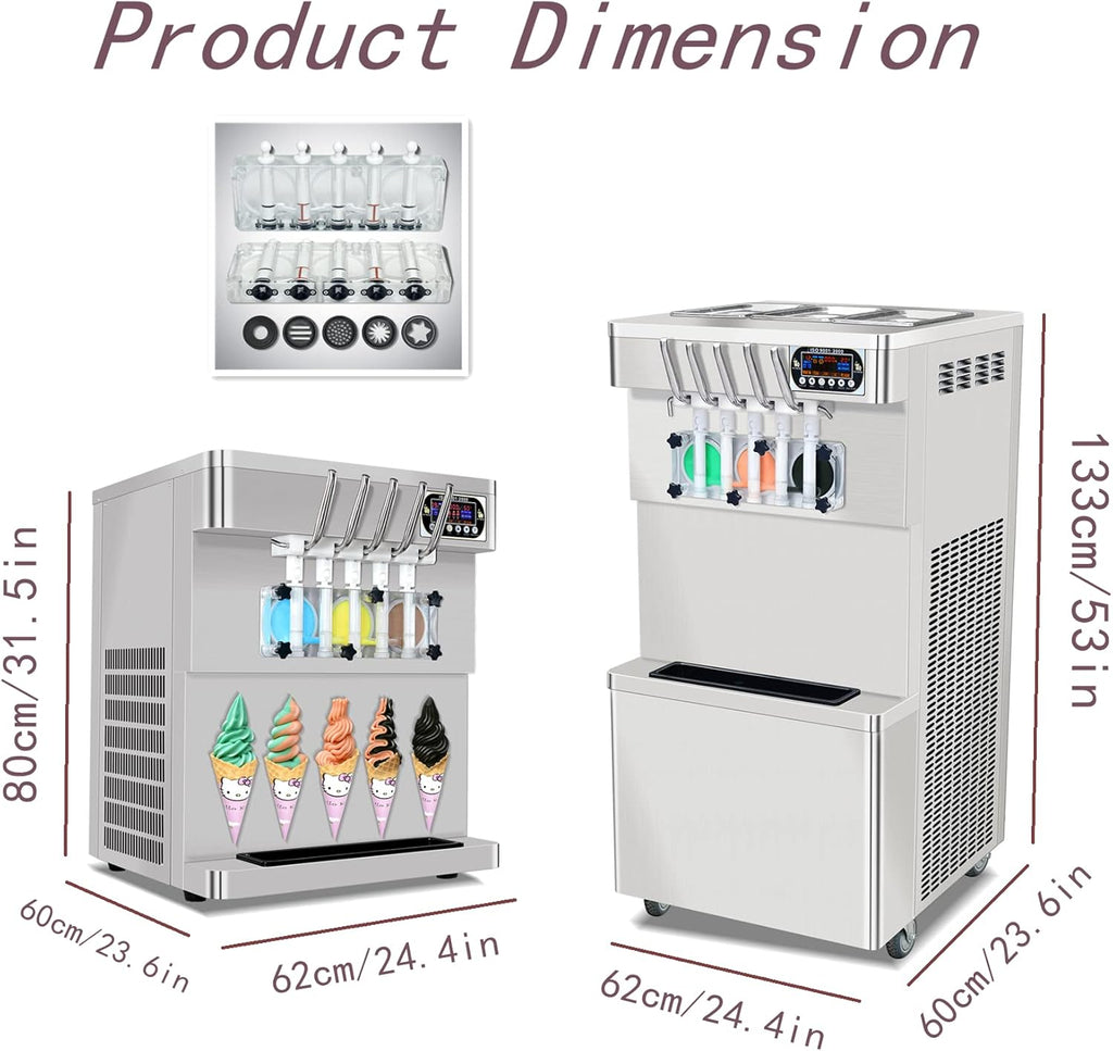 3+2 mixed Flavors Soft Serve Ice Cream Maker, 5 Flavors Ice Cream Machine with Full Transparent Discharge Door & 5 Different Shapes of Mold & Upper Tank Refrigerated B57061