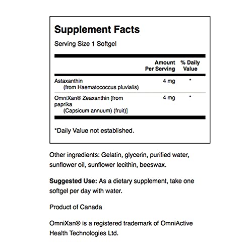 Astaxanthin & Zeaxanthin Supplement 60 Softgels L834