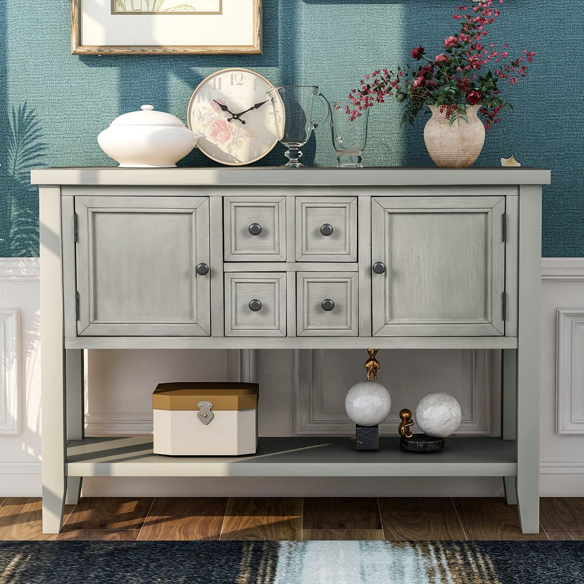 Antique Gray Solid Wood Console Table with 4 Drawers and Bottom Shelf V882074
