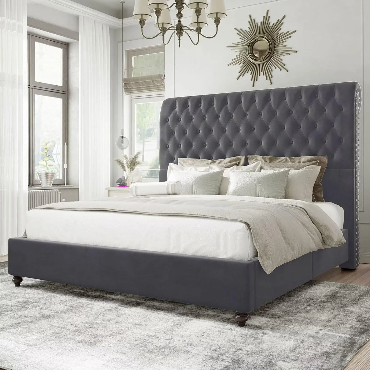 Queen Velvet Tufted Sleigh Bed Frame K1895