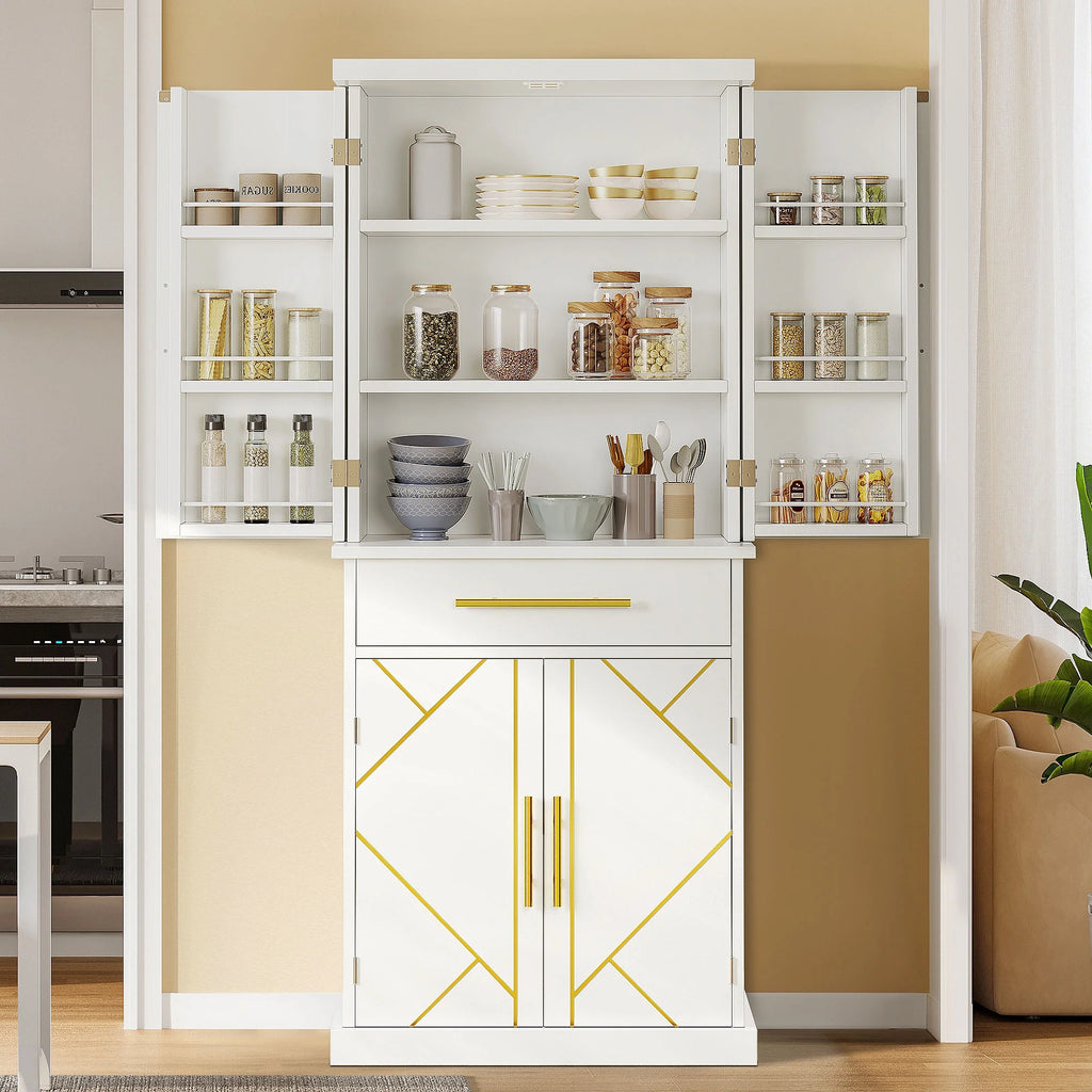 White 4 Door Freestanding Kitchen Pantry Storage Cabinet with Drawer and Adjustable Shelf F48403