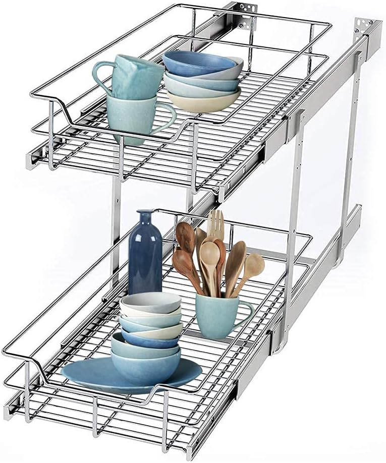 2 Tier Wire Basket Pull Out Organizer Shelf Sliding Drawer Storage V1238