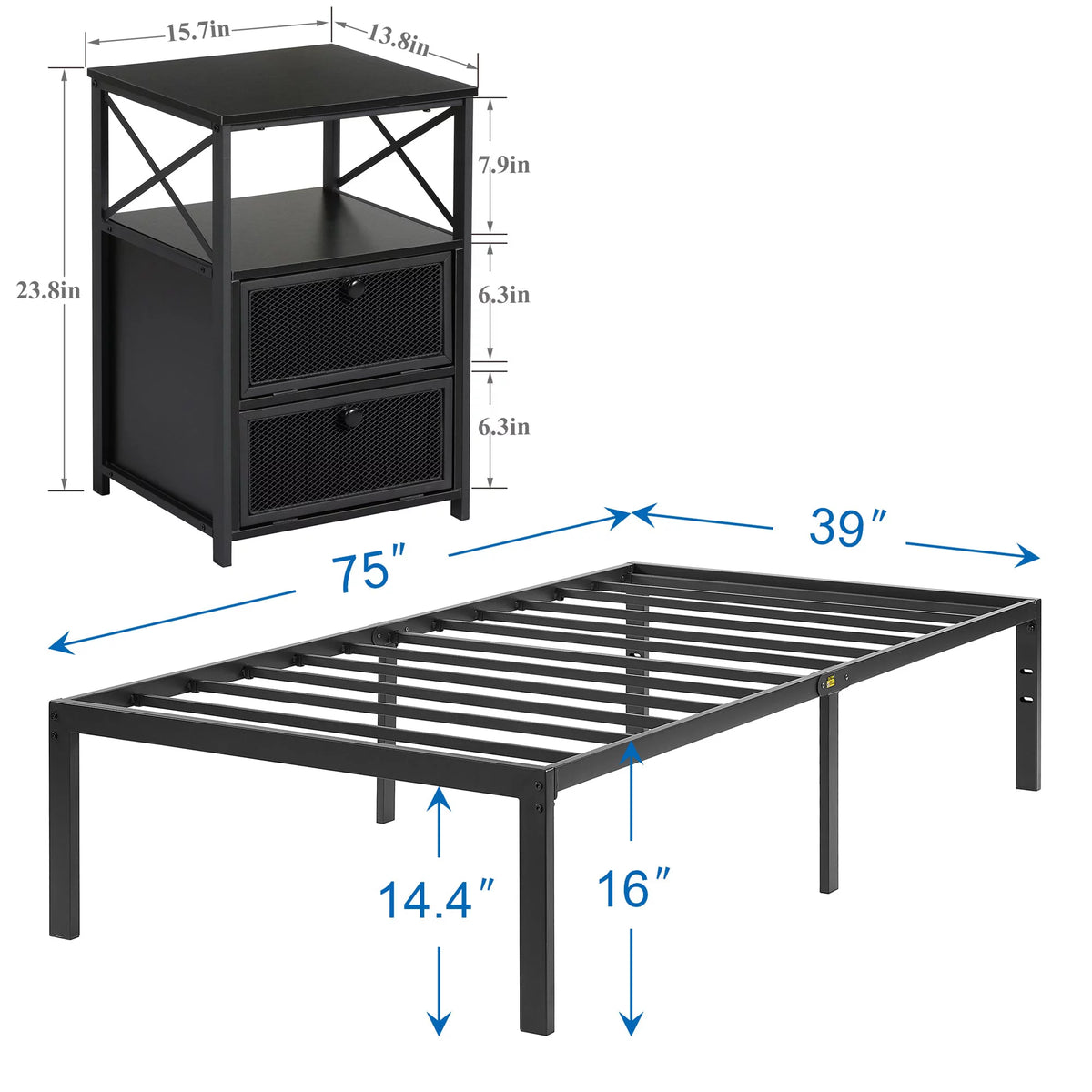 3-Piece Twin Bedroom Set with Metal Platform Bed Frame and 2 Black Nightstands Q434