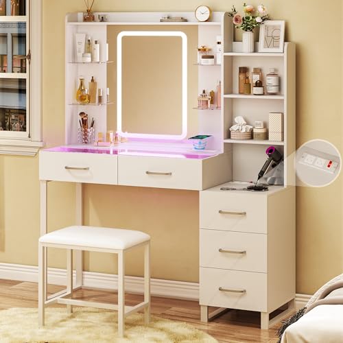 White 43" Vanity Desk with Mirror and LED Lights, Glass Top, Wireless Charging, RGB Drawers, 3 Colors Light, Power Outlet E5354
