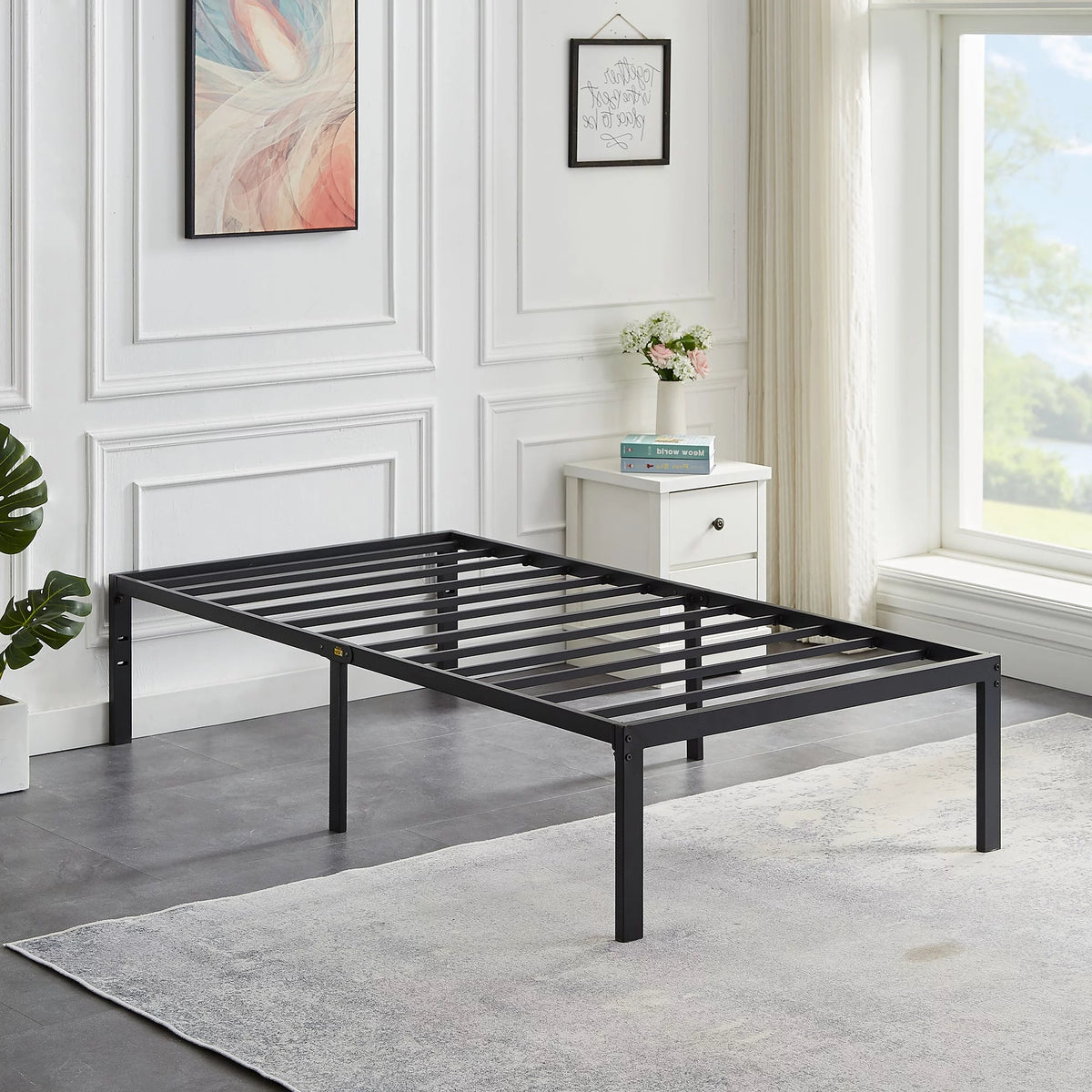 3-Piece Twin Bedroom Set with Metal Platform Bed Frame and 2 Black Nightstands Q434