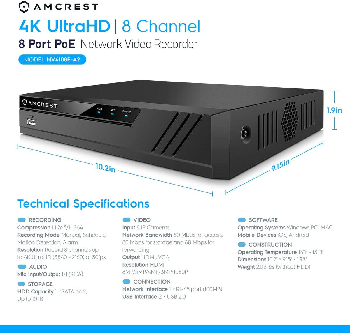 4K 8CH POE Network Video Recorder U3810