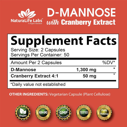 100 Veggie Capsules D-Mannose 1,300 mg with Cranberry Extract V518