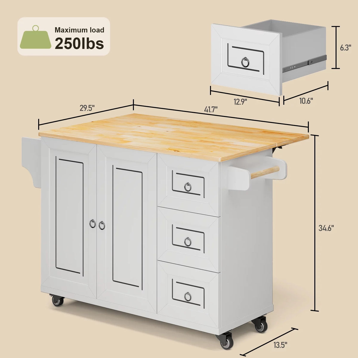 42" White Kitchen Island with Storage I6040