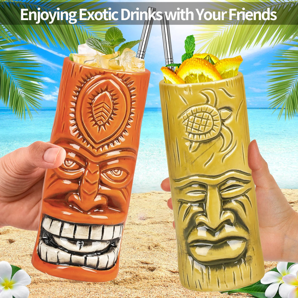Ceramic Tiki Mugs Set of 4 U34710