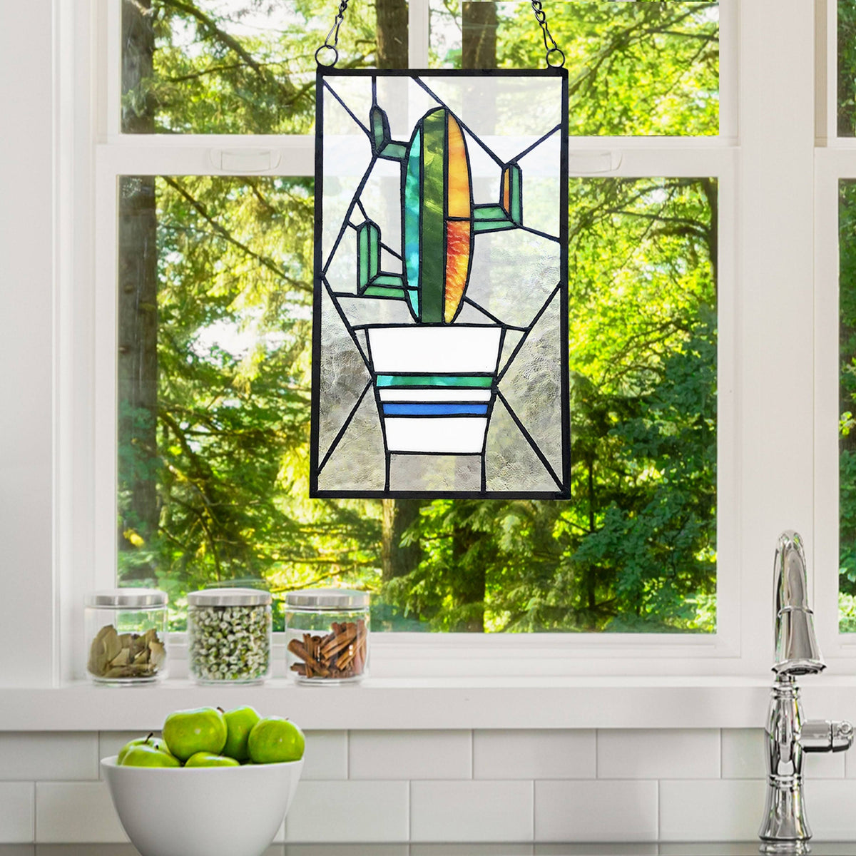 Prickly Pear Cactus Glass Window Panel J9546