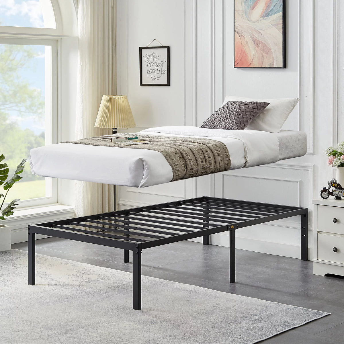 3-Piece Twin Bedroom Set with Metal Platform Bed Frame and 2 Black Nightstands Q434