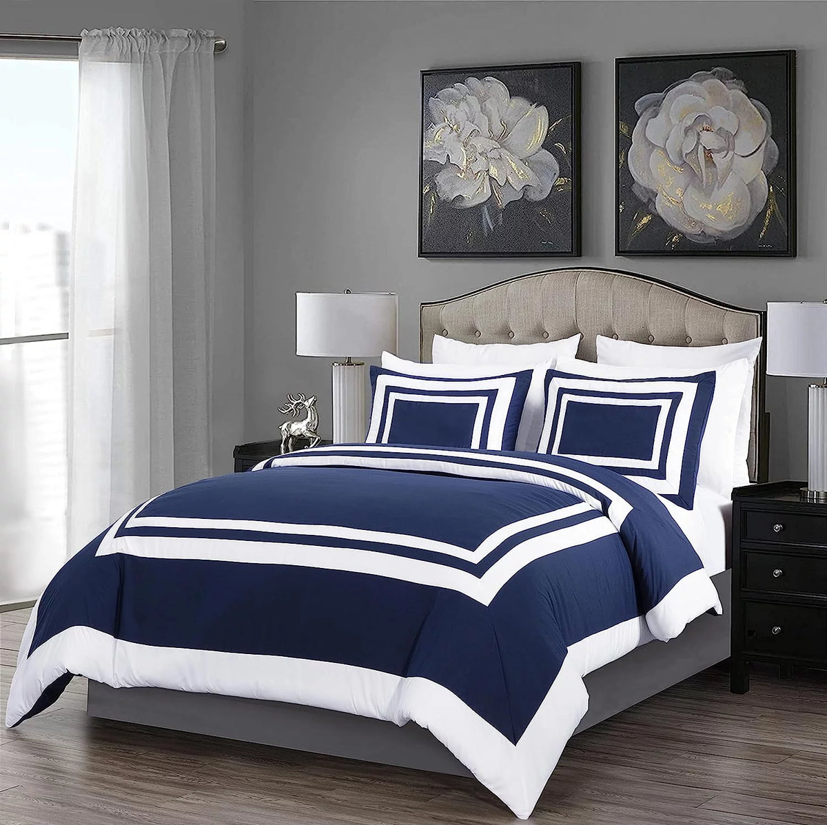 7-Piece King Bed in a Bag Comforter Set with Sheets Navy White Square Pattern Bedding Set F78631
