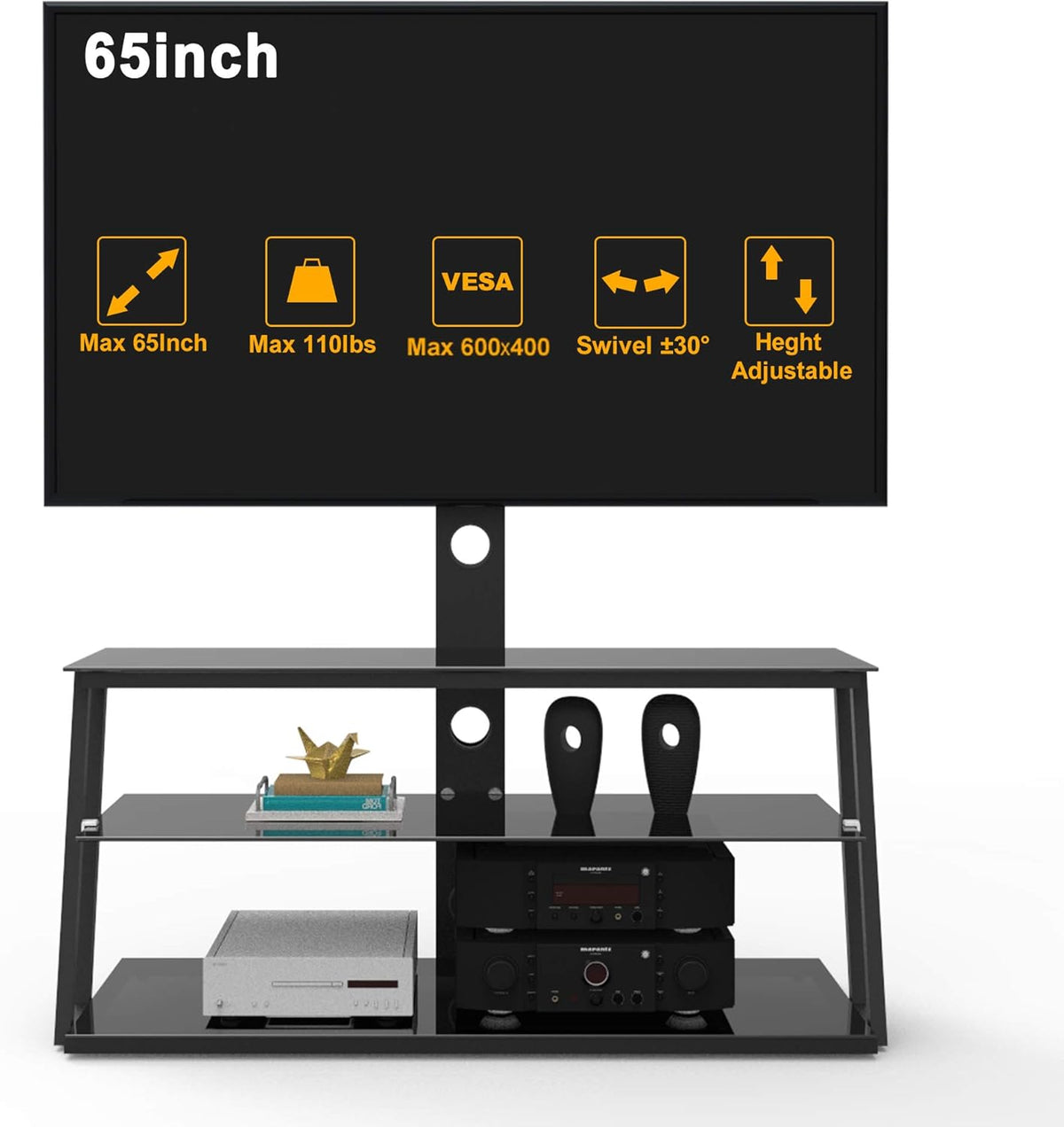 Angle and Height Adjustable Swivel TV Stand with Shelves Z6314