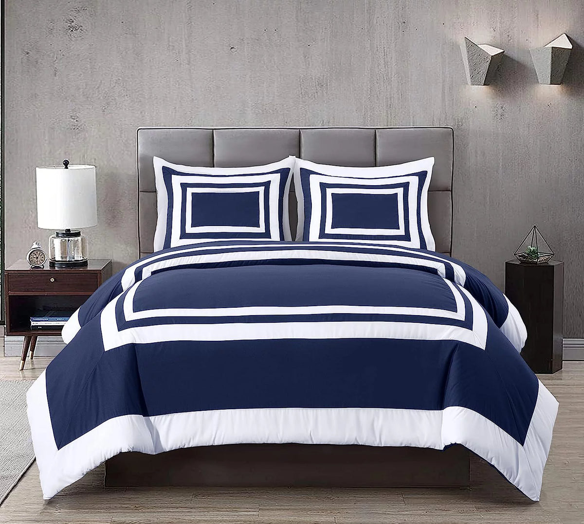 7-Piece King Bed in a Bag Comforter Set with Sheets Navy White Square Pattern Bedding Set F78631