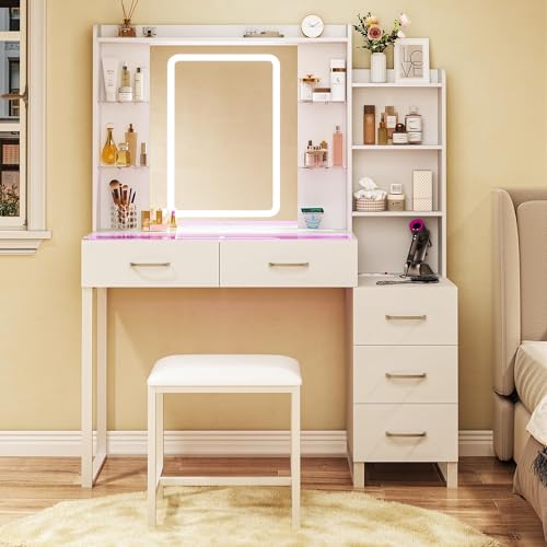 White 43" Vanity Desk with Mirror and LED Lights, Glass Top, Wireless Charging, RGB Drawers, 3 Colors Light, Power Outlet E5354