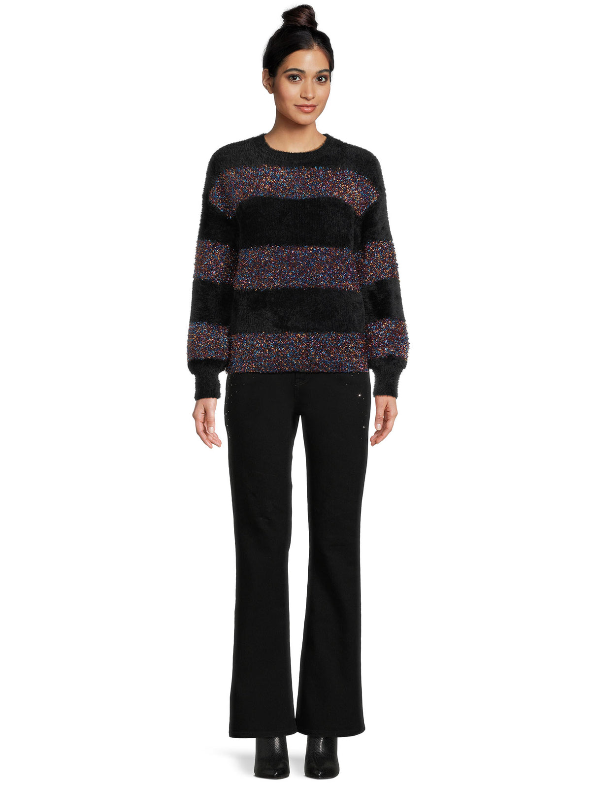 Metallic Stripe Pullover Sweater with Long Sleeves U55646