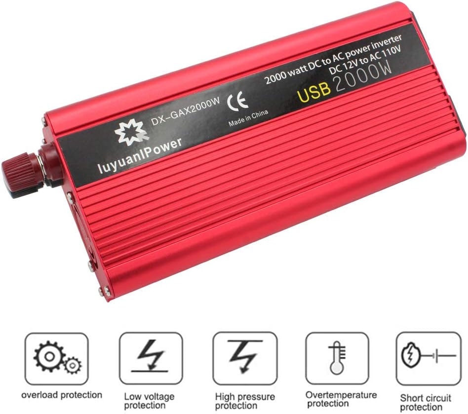 Power Inverter 1200W/2000W Peak DC to AC 12V to 110V with 3.1A USB Battery Clips Pack of 2 D275