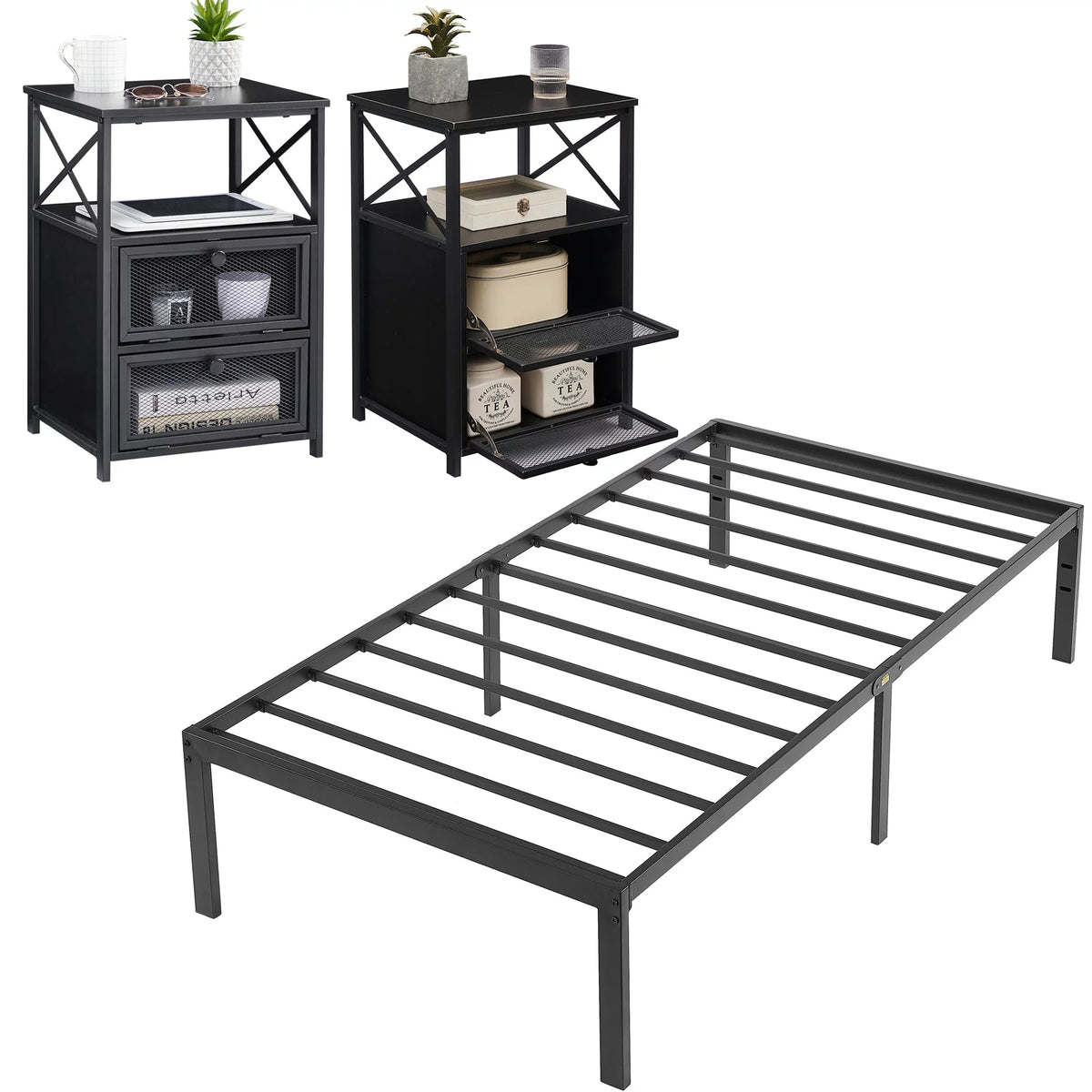 3-Piece Twin Bedroom Set with Metal Platform Bed Frame and 2 Black Nightstands Q434