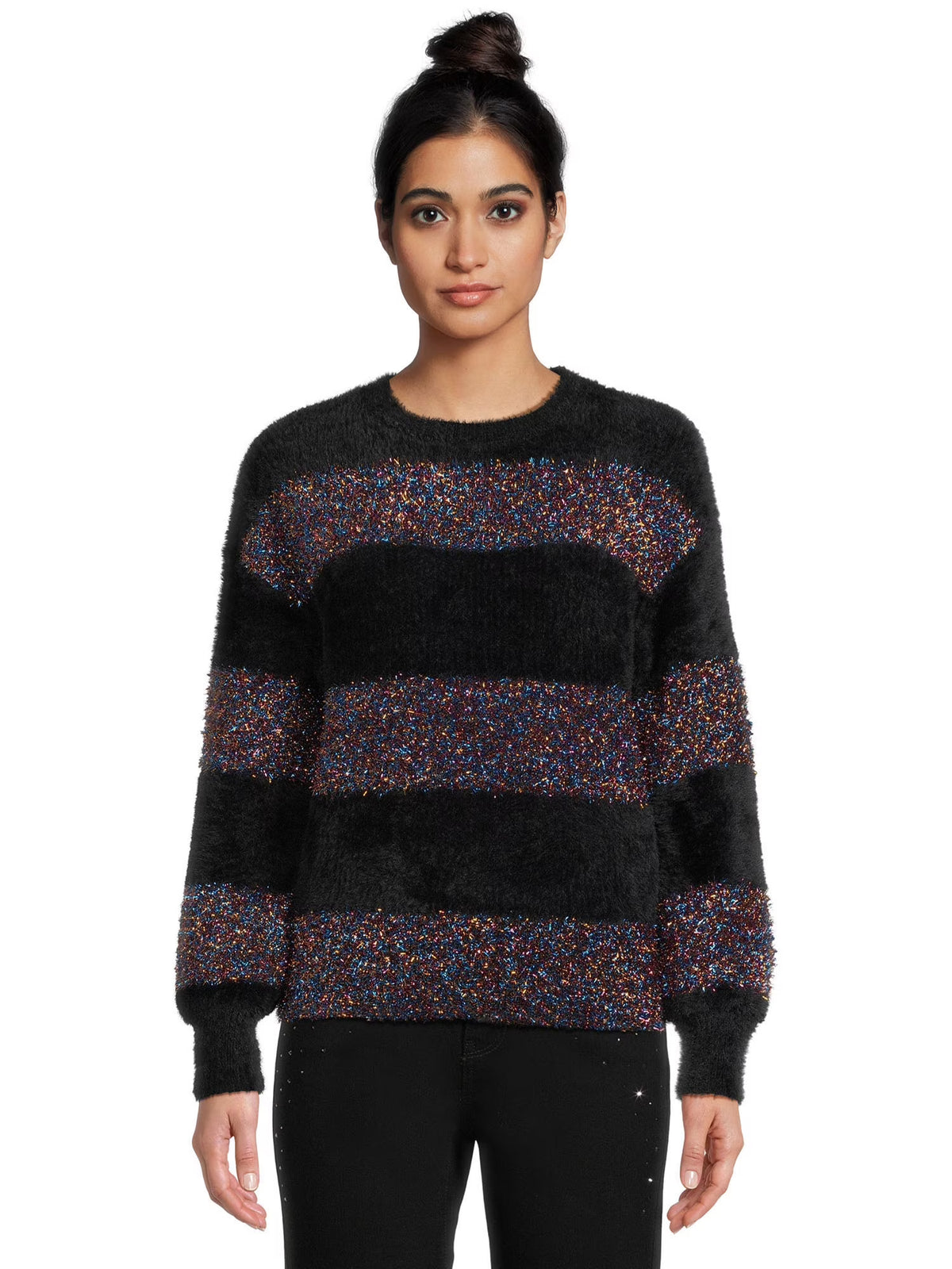 Metallic Stripe Pullover Sweater with Long Sleeves U55646