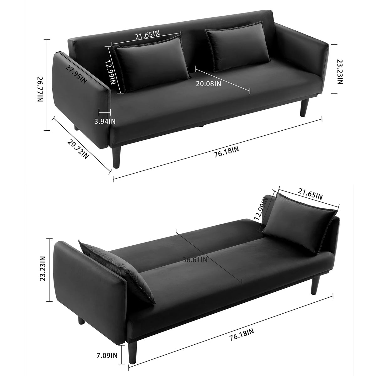 Black Velvet Convertible Sofa Bed P6172