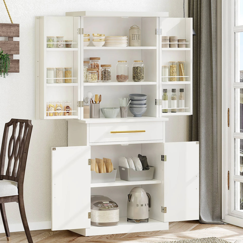 White 4 Door Freestanding Kitchen Pantry Storage Cabinet with Drawer and Adjustable Shelf F48403