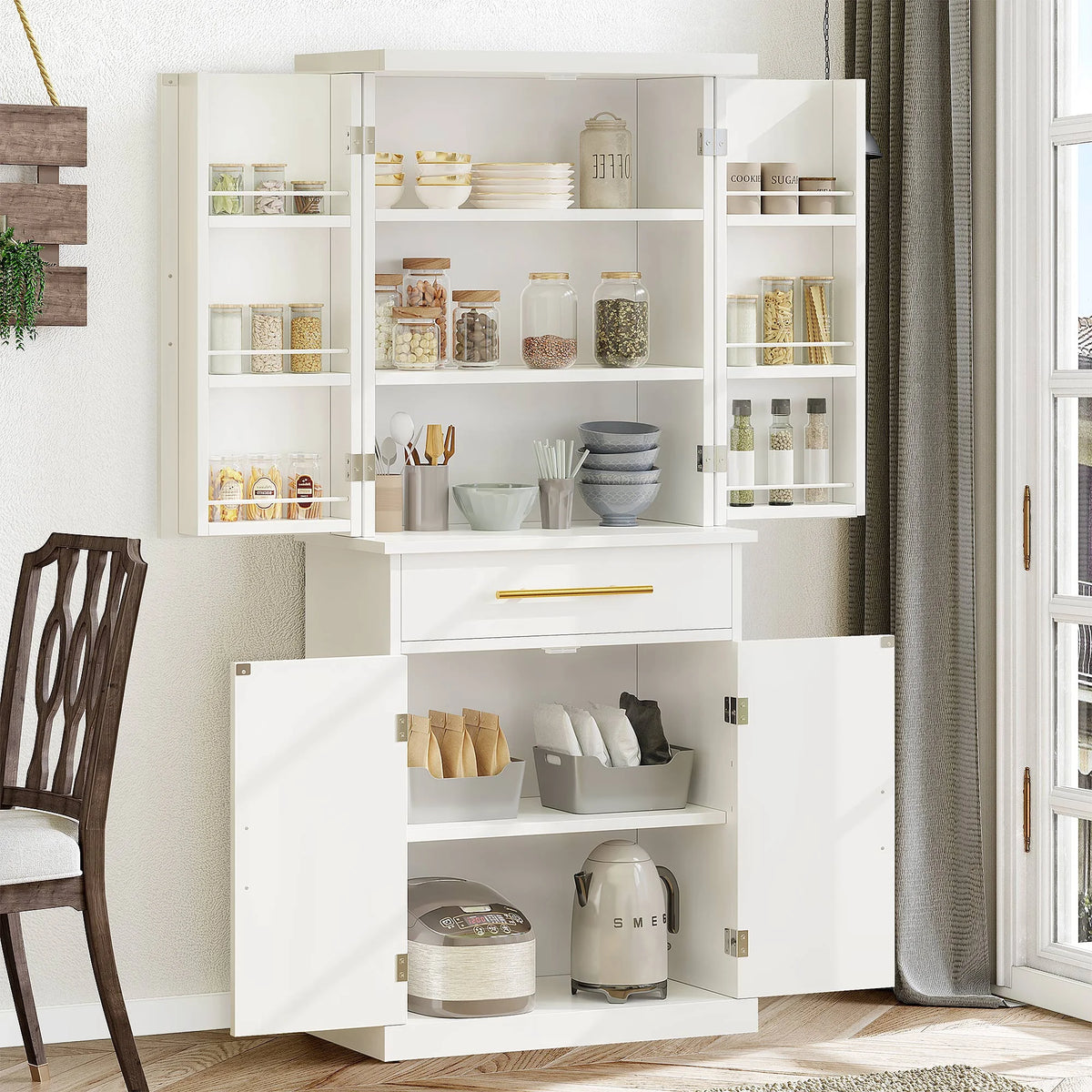 White 4 Door Freestanding Kitchen Pantry Storage Cabinet with Drawer and Adjustable Shelf F48403
