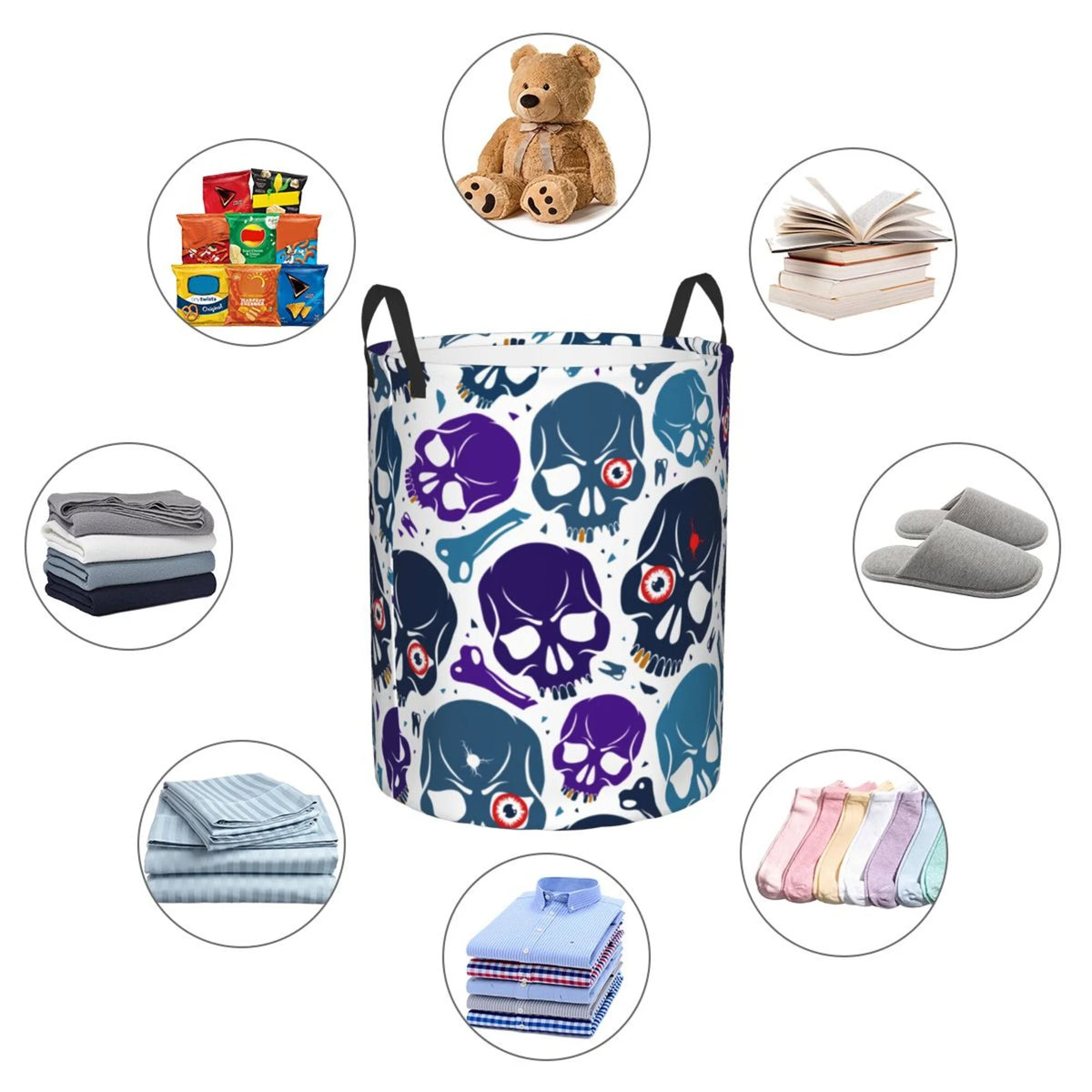Blue Skull Purple Bone Collapsible Laundry Basket B7213