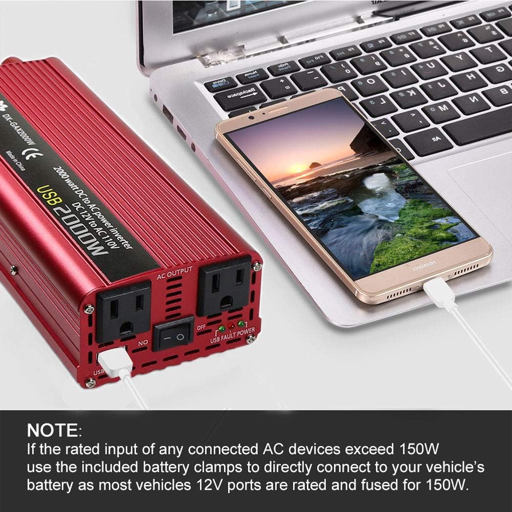 Power Inverter 1200W/2000W Peak DC to AC 12V to 110V with 3.1A USB Battery Clips Pack of 2 D275