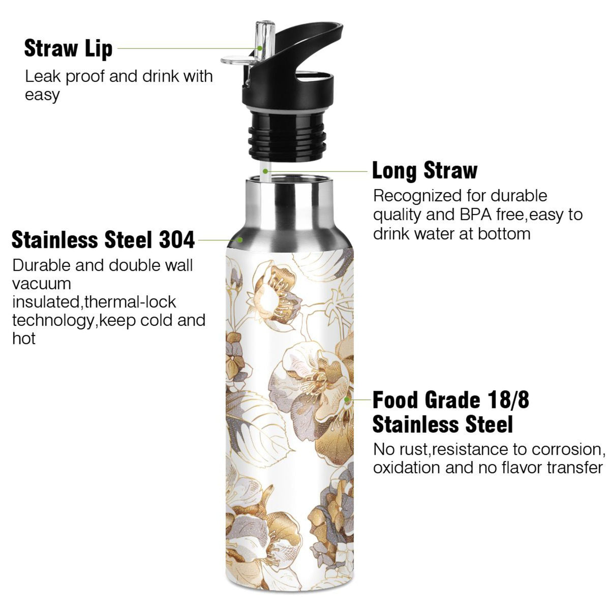 Stainless Steel Insulated Thermos Vacuum Flask with Straw Lid V661711